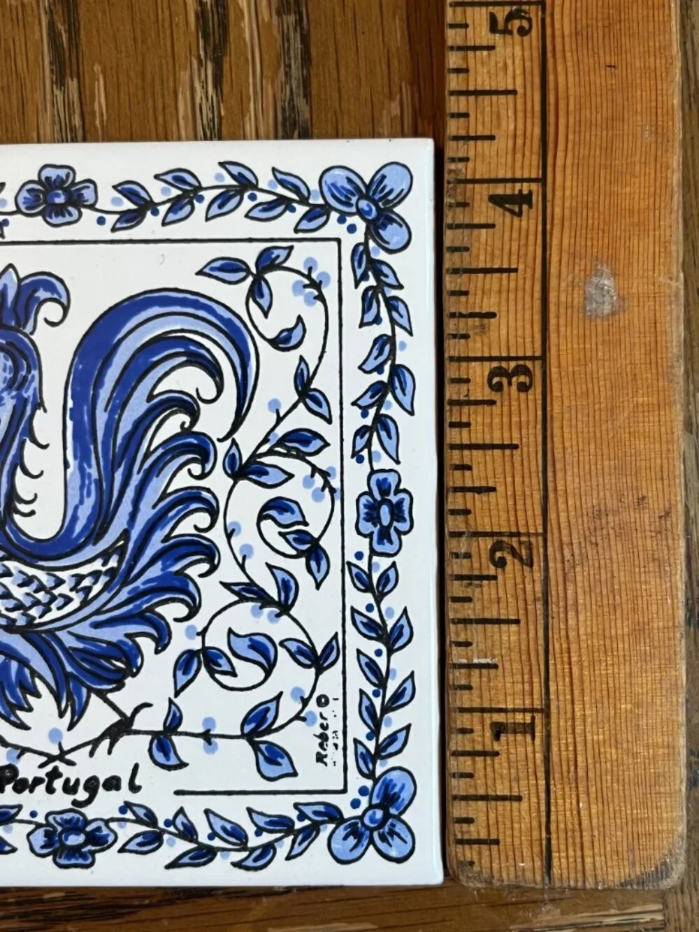 Tino Portugal Blue & White Rooster Ceramic Tile Cork Back 4.25